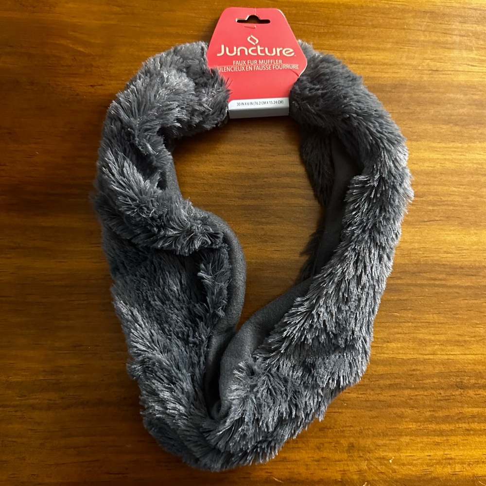 Faux Fur Muffler Scarf Grey NWT